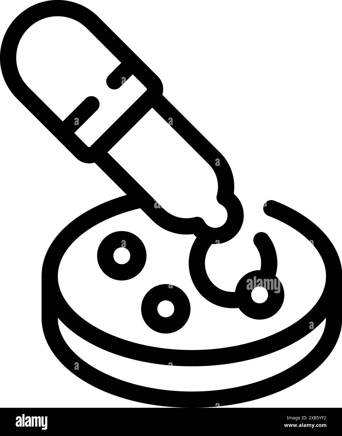 Icône de ligne d'une pipette laissant tomber un liquide sur une boîte de Pétri, représentant la recherche scientifique et l'analyse de laboratoire Illustration de Vecteur