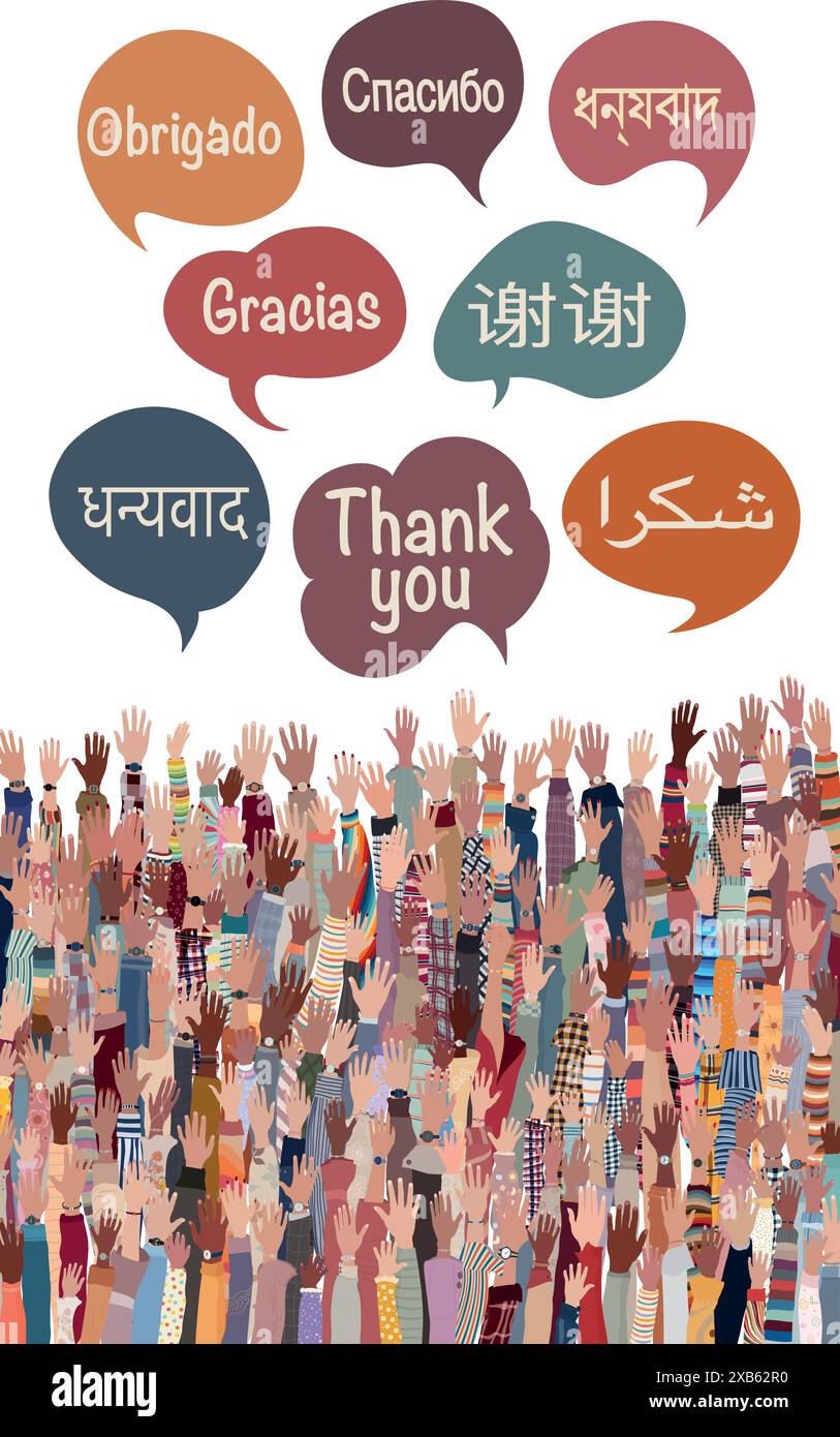 Main levée de personnes multiculturelles de différentes Nations et continents avec des bulles de discours avec du texte -Merci- dans différentes langues internationales Illustration de Vecteur