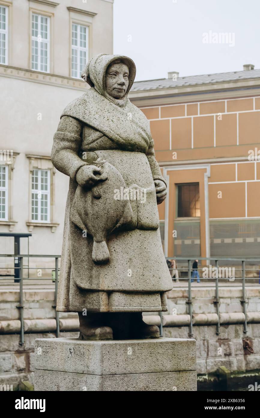 Fiskerkone, statue de 1940 en granit d'une femme de poisson située à Gammel Strand à Copenhague, au Danemark Banque D'Images