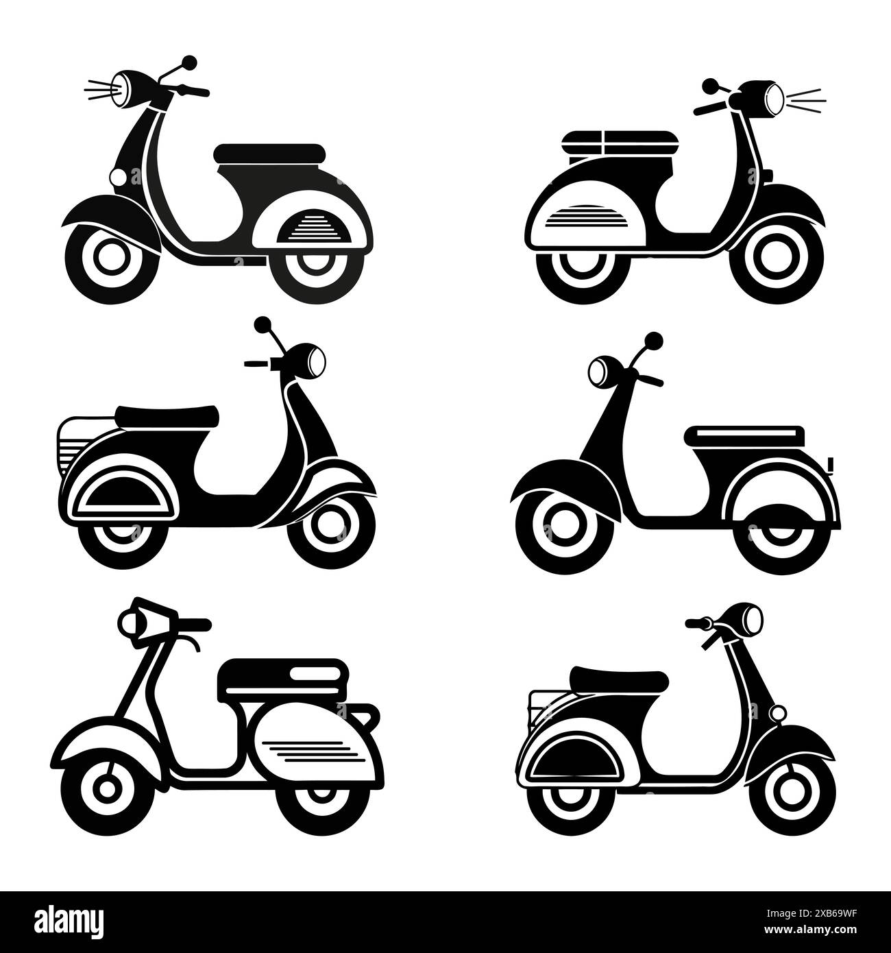 Icônes de scooter définies. Dessins vectoriels noirs. Six styles différents. Illustrations de moto rétro. Illustration de Vecteur