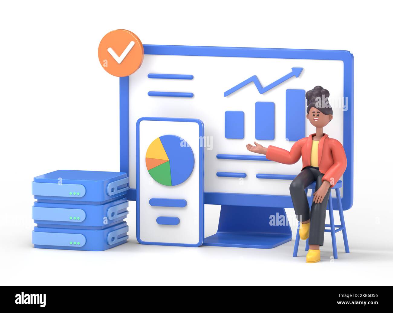 Big Data et Cloud Computing. Illustration 3D de l'homme d'affaires utilisant des serveurs distants pour analyser de grands ensembles de données et reconnaître les erreurs. Action Banque D'Images