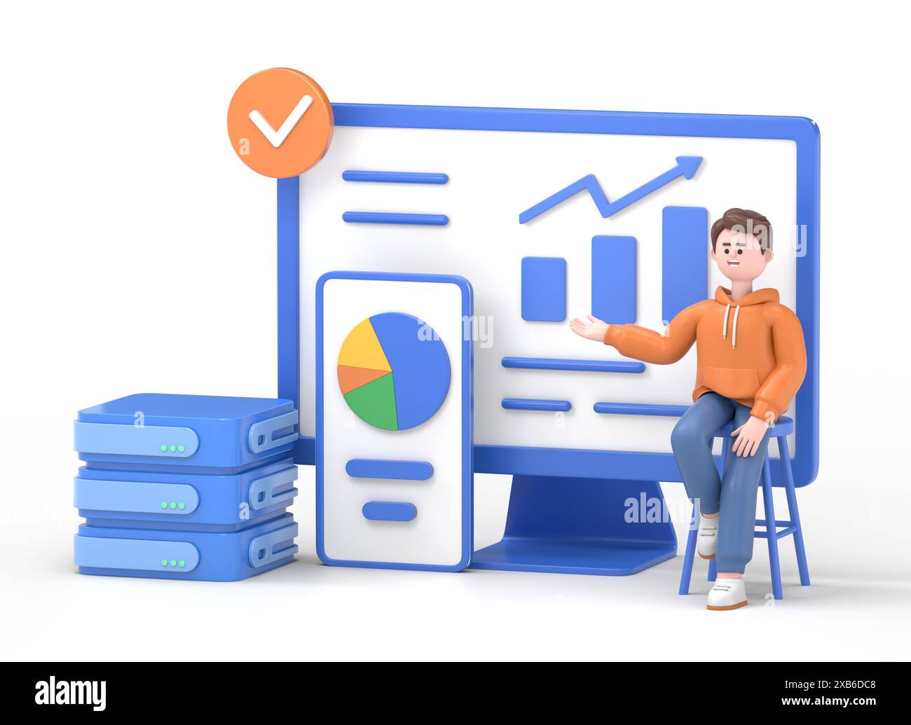 Big Data et Cloud Computing. Illustration 3D de l'homme d'affaires utilisant des serveurs distants pour analyser de grands ensembles de données et reconnaître les erreurs. Action Banque D'Images