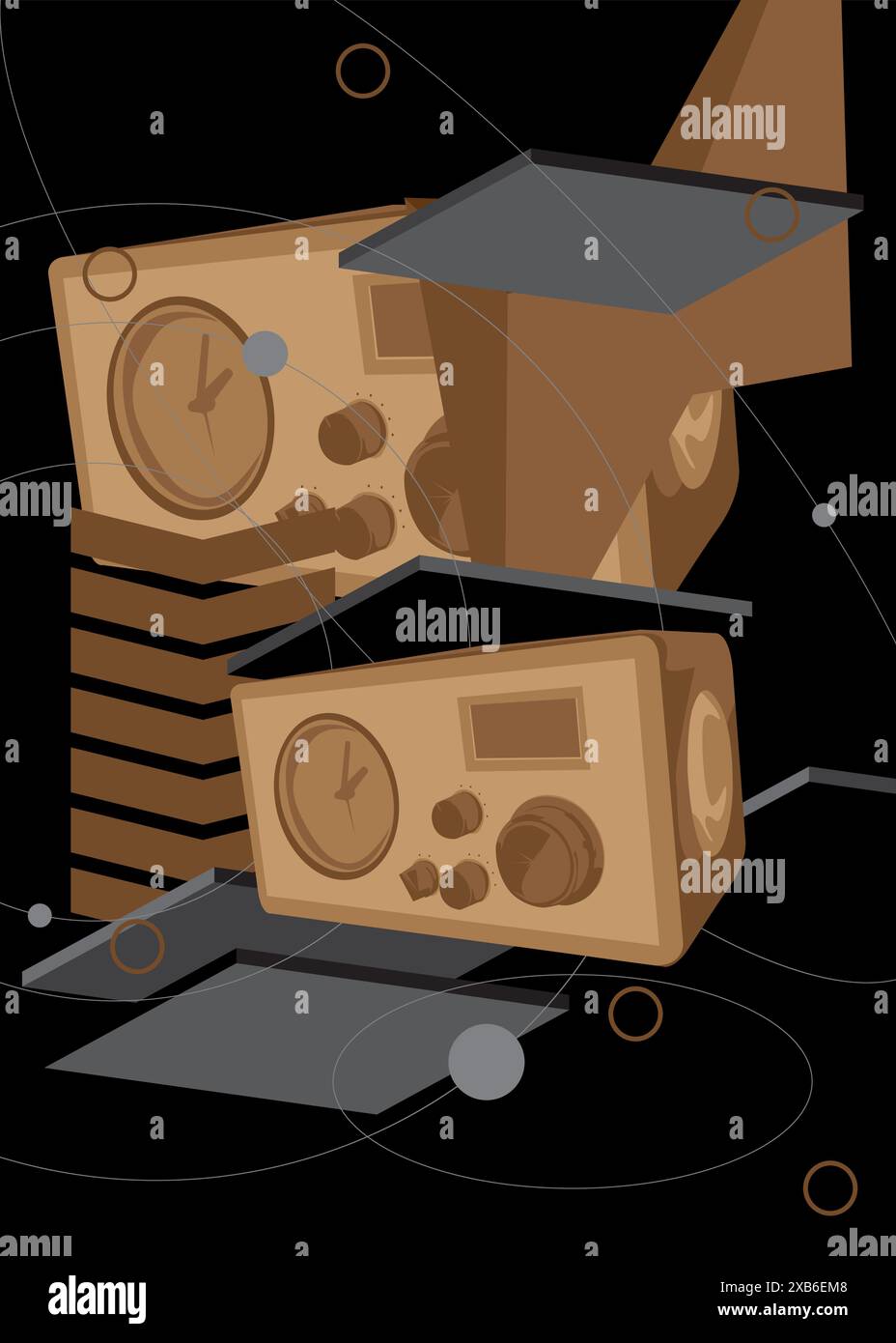 Radio rétro, fond graphique rétro graphique noir et marron. Éléments géométriques minimaux. Illustration vectorielle de formes abstraites vintage. Illustration de Vecteur