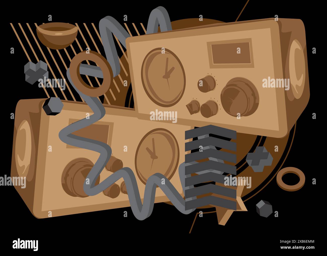 Radio rétro, fond graphique rétro graphique noir et marron. Éléments géométriques minimaux. Illustration vectorielle de formes abstraites vintage. Illustration de Vecteur