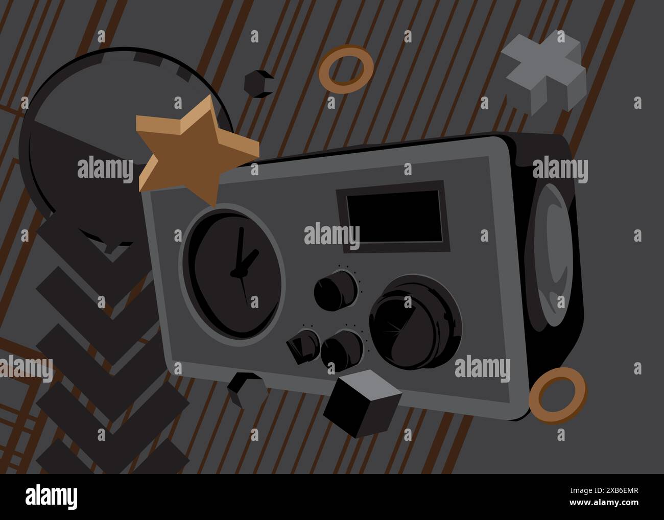 Radio rétro, fond graphique rétro graphique noir et marron. Éléments géométriques minimaux. Illustration vectorielle de formes abstraites vintage. Illustration de Vecteur