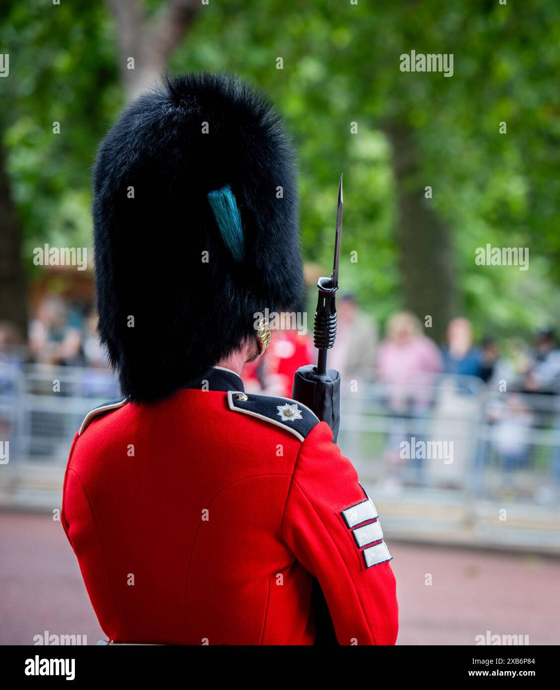 Un soldat assiste à la revue du colonel pour le prochain Trooping of the Colour. La revue du colonel est identique à la parade d'anniversaire de Kingís, à l'exception de quelques officiers montés supplémentaires. Y participeront plus de 1400 soldats de la Household Division et de la troupe Kingís Royal Horse Artillery, dont 400 musiciens des groupes massés, qui défileront tous sur Horse Guards pour la deuxième des deux revues formelles. La revue du Colonel comprend également 250 soldats des Foot Guards qui jalonneront la route processionnelle le long du Mall. (Photo de Loredana San Banque D'Images