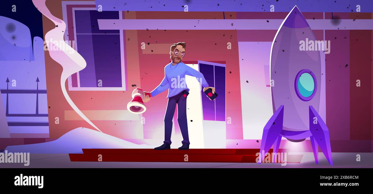 Scientifique fou et fusée dans la cour. Illustration vectorielle de dessin animé de l'homme maléfique avec le bouton de télécommande dans la main, vaisseau spatial près du bâtiment, cendres et fumée dans l'air après explosion, expérience dangereuse Illustration de Vecteur