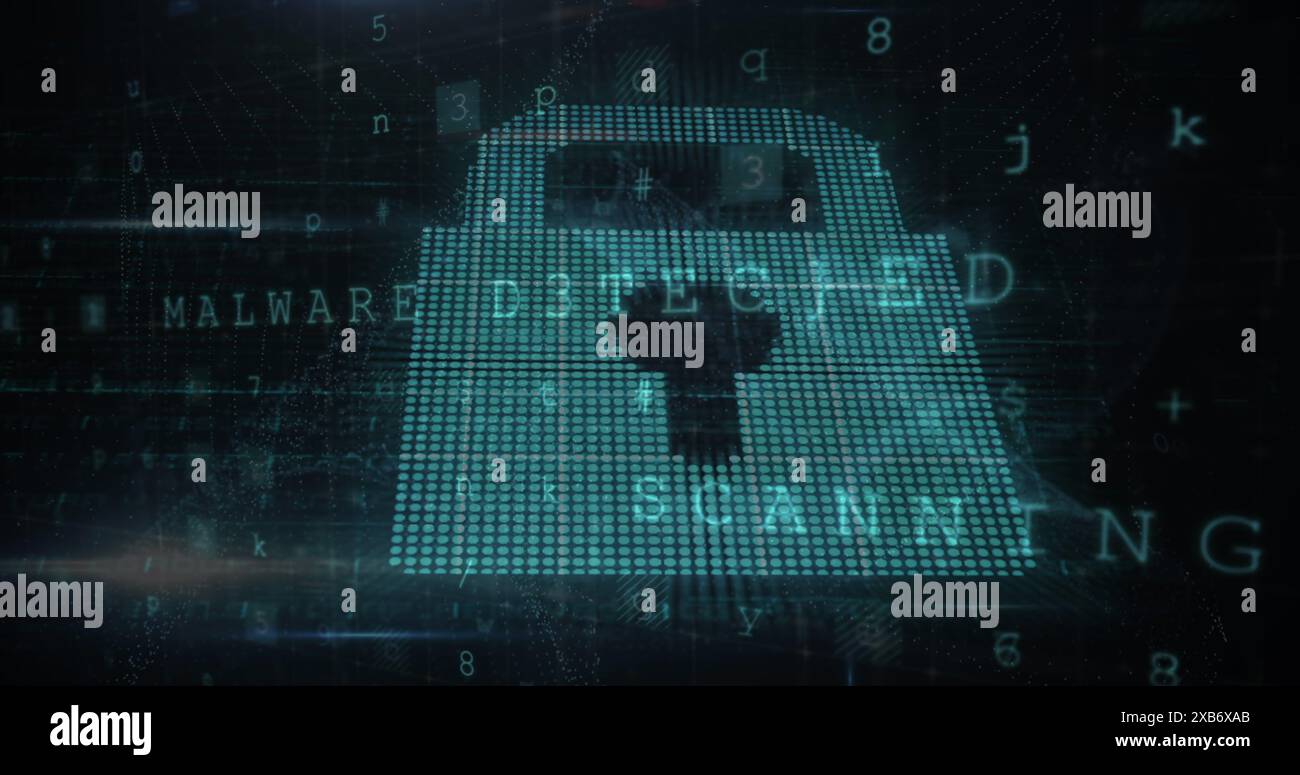 Icône de verrouillage numérique avec texte malware détecté et Ransomware sur fond sombre Banque D'Images