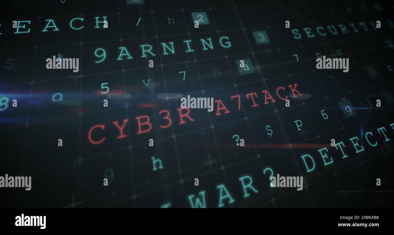 Texte numérique avec des phrases comme CYB3R A7TACK et LA SÉCURITÉ affichées à l'écran Banque D'Images