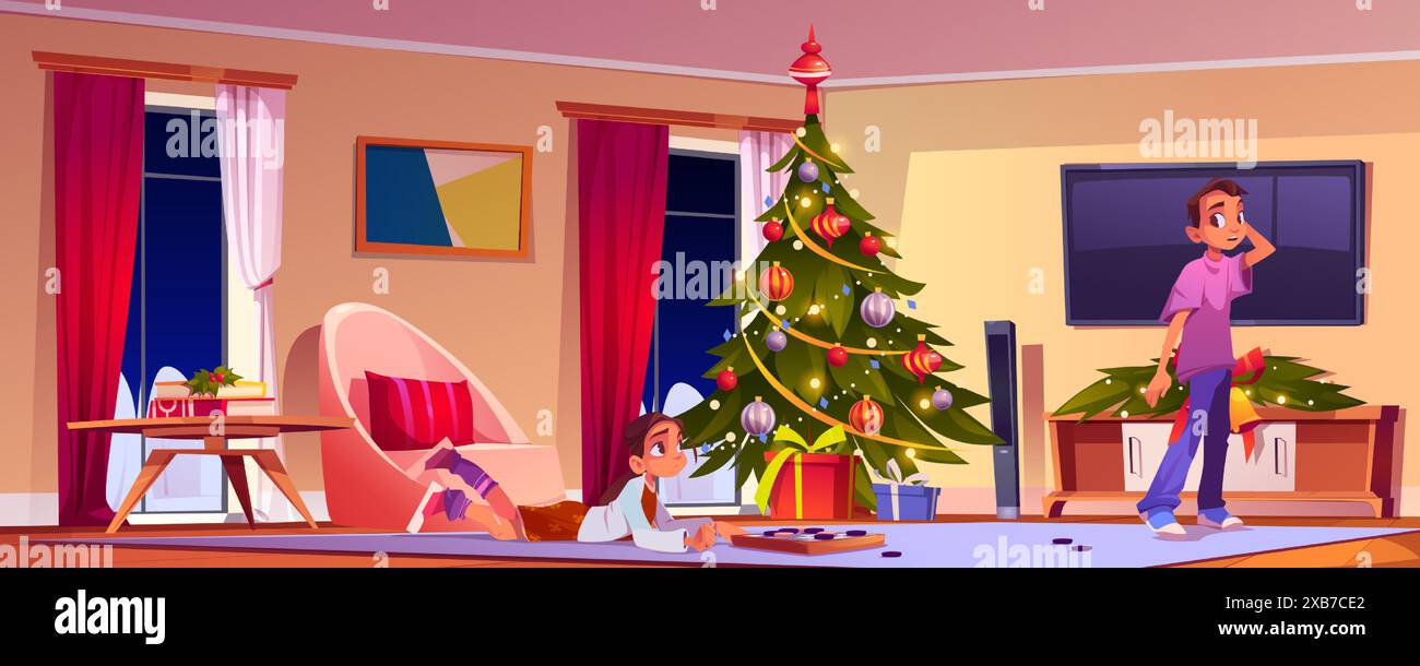 Couple triste dans la chambre la veille de Noël. Illustration de dessin animé vectoriel de jeune homme pensif, femme triste couchée sur le sol, arbre de Noël décoré de jouets et de guirlande de couleur, boîtes-cadeaux dans le salon Illustration de Vecteur