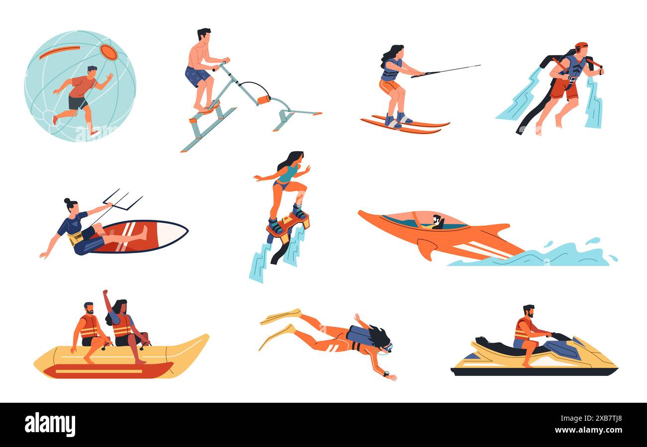 Activités aquatiques extrêmes. Les gens de style de vie marin, loisirs sportifs d'été, wakeboard, surf, canoë et flyboard, bande dessinée de loisirs d'été de plage Illustration de Vecteur
