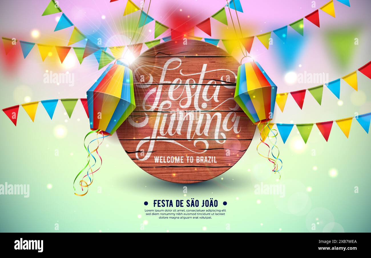 Illustration Festa Junina avec drapeaux de fête et lanterne en papier sur fond vert clair. Vector Brazil June Sao Joao Festival Design avec typographie Illustration de Vecteur