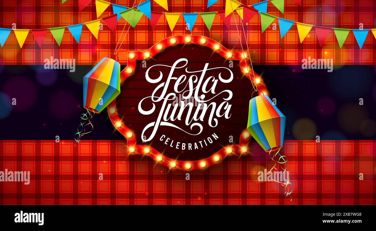 Illustration Festa Junina avec guirlande d'ampoule, lanterne en papier coloré et lettre de typographie sur fond à carreaux rouge. Vecteur Festa de Sao Joao Illustration de Vecteur