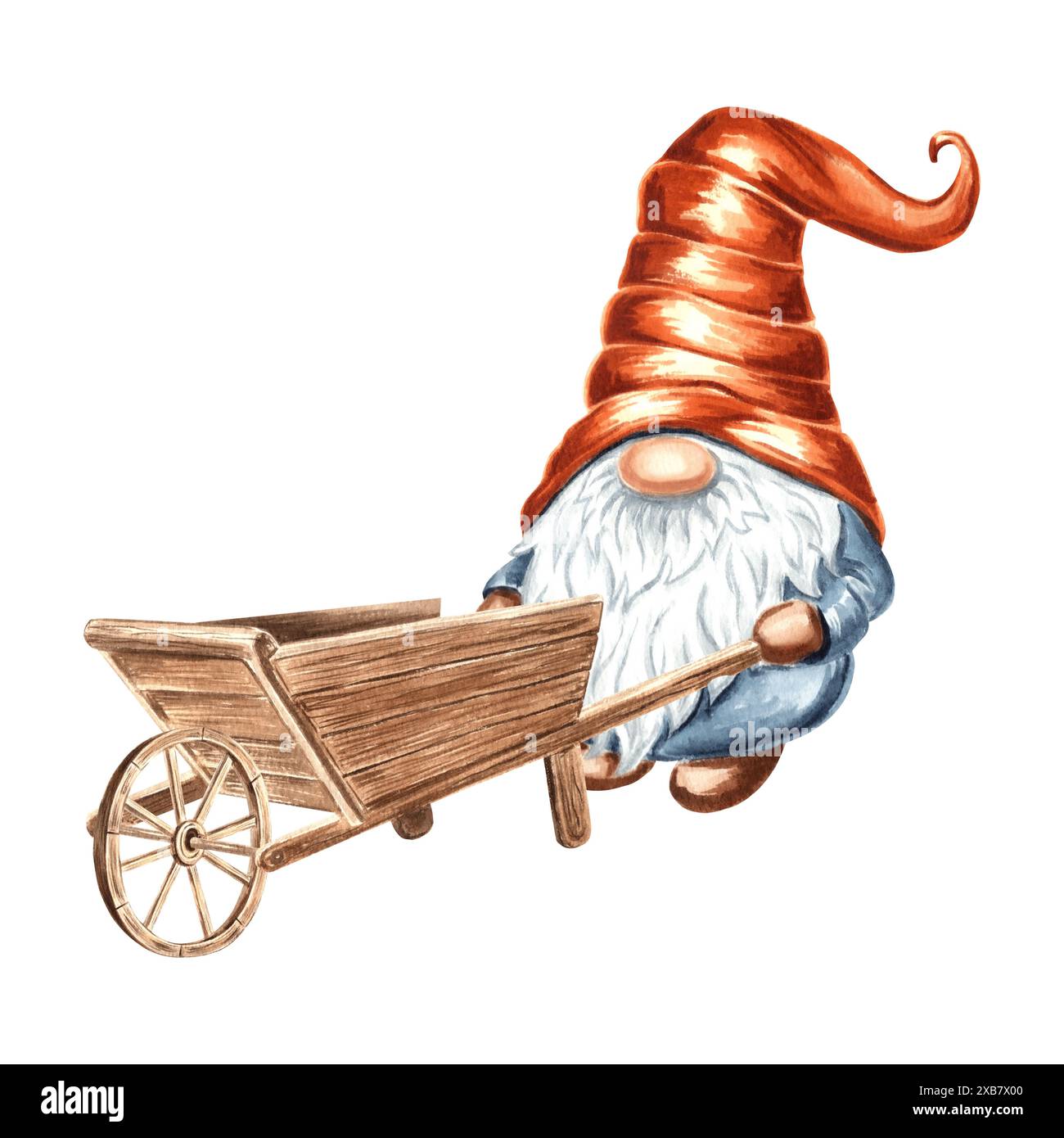 GNOME avec chariot en bois. Illustration d'aquarelle dessinée à la main isolée. Jardinier de personnage d'enfants de dessin animé mignon. Nains de fées nordiques, elfe avec brouette Banque D'Images