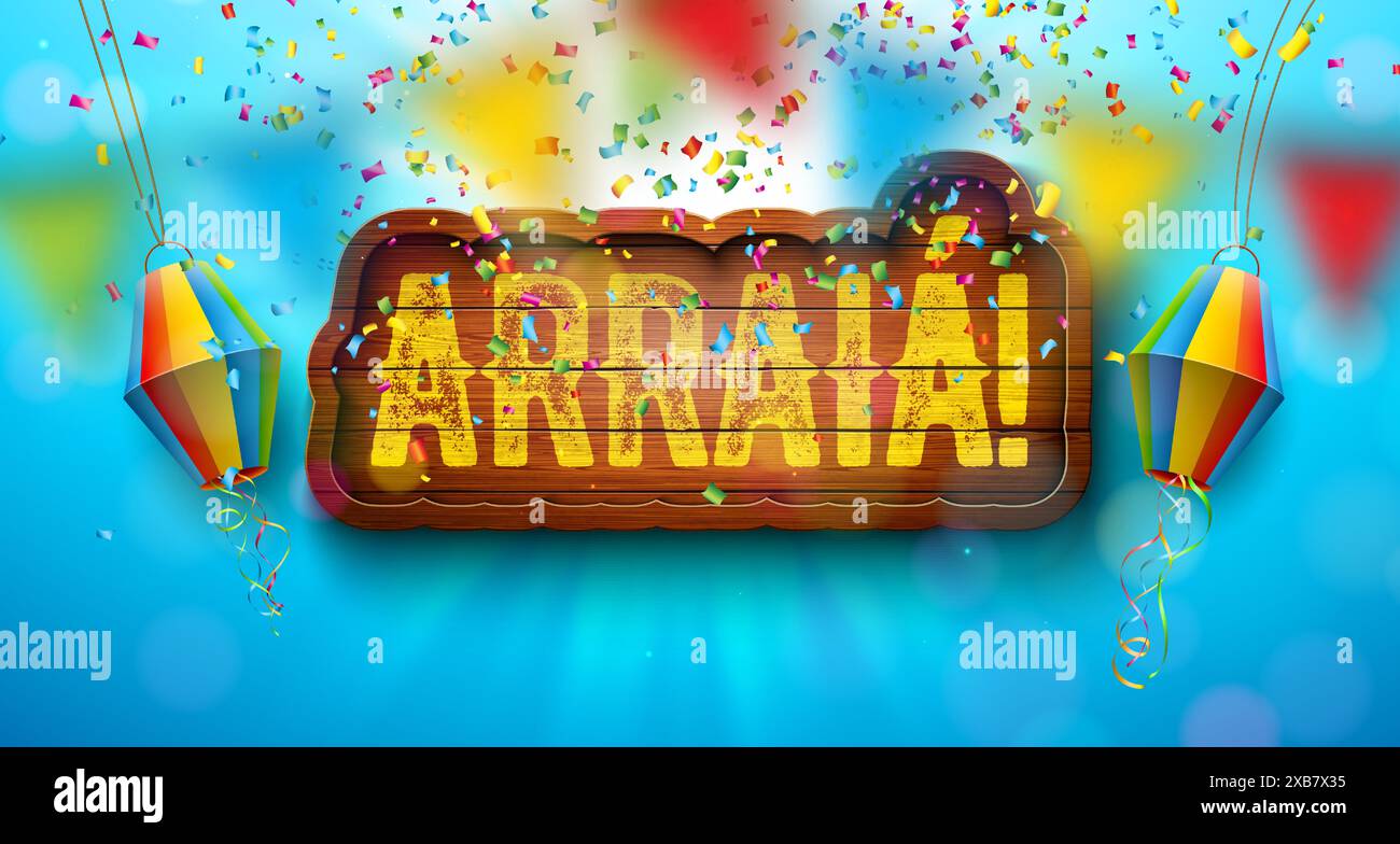 Illustration Festa Junina avec le lettrage Portugal Arraia sur panneau de bois vintage sur fond bleu ciel. Vector Brazil June Sao Joao Festival Design Illustration de Vecteur