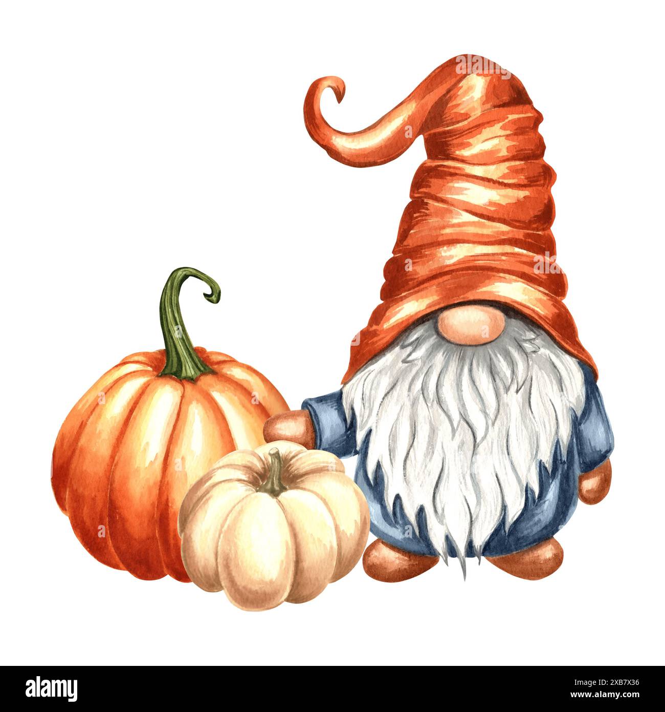 Fall Gnome avec des citrouilles. Nains magiques nordiques. Illustration d'aquarelle dessinée à la main isolée. Personnage de dessin animé mignon pour le décor d'automne et Thanksgiving Banque D'Images