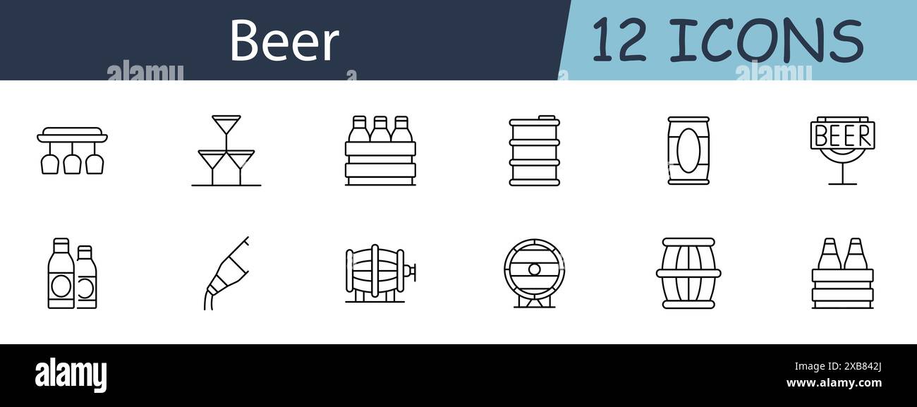 Icône de set de bière. Bouteilles, verres, paquet de six, fûts, robinet, barils, signe, brasserie, boisson, boisson, pub, alcool. Concept de brassage. Icône de ligne vectorielle sur whit Illustration de Vecteur