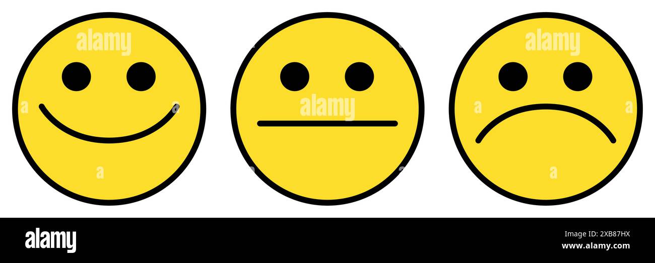 ensemble d'icônes d'émoticône, trois emoji - heureux, triste et neutre, symbole de visage souriant, illustration vectorielle de couleur Illustration de Vecteur