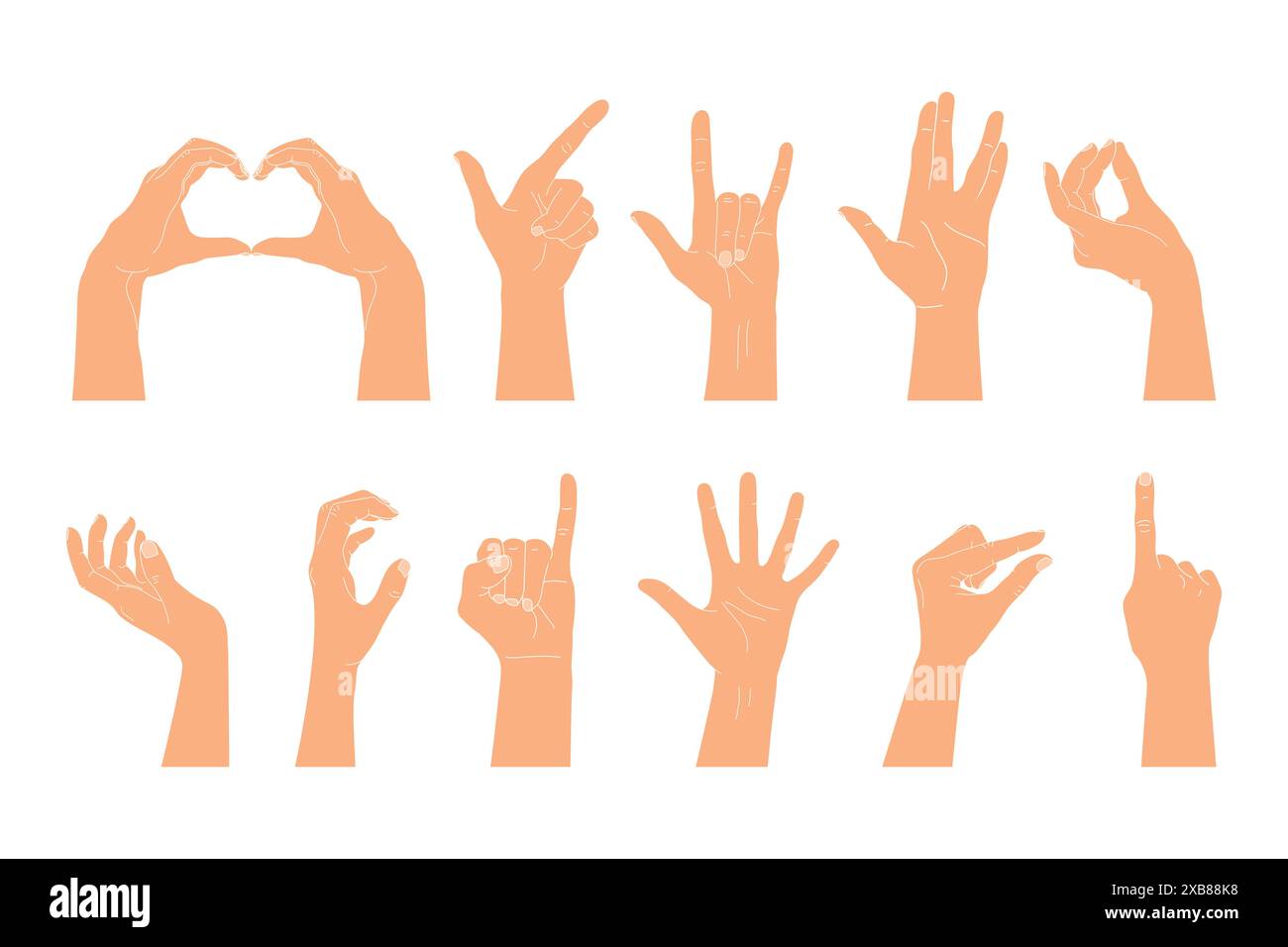 Ensemble de mains humaines levées montrant différents gestes. Illustration vectorielle de mains humaines Illustration de Vecteur