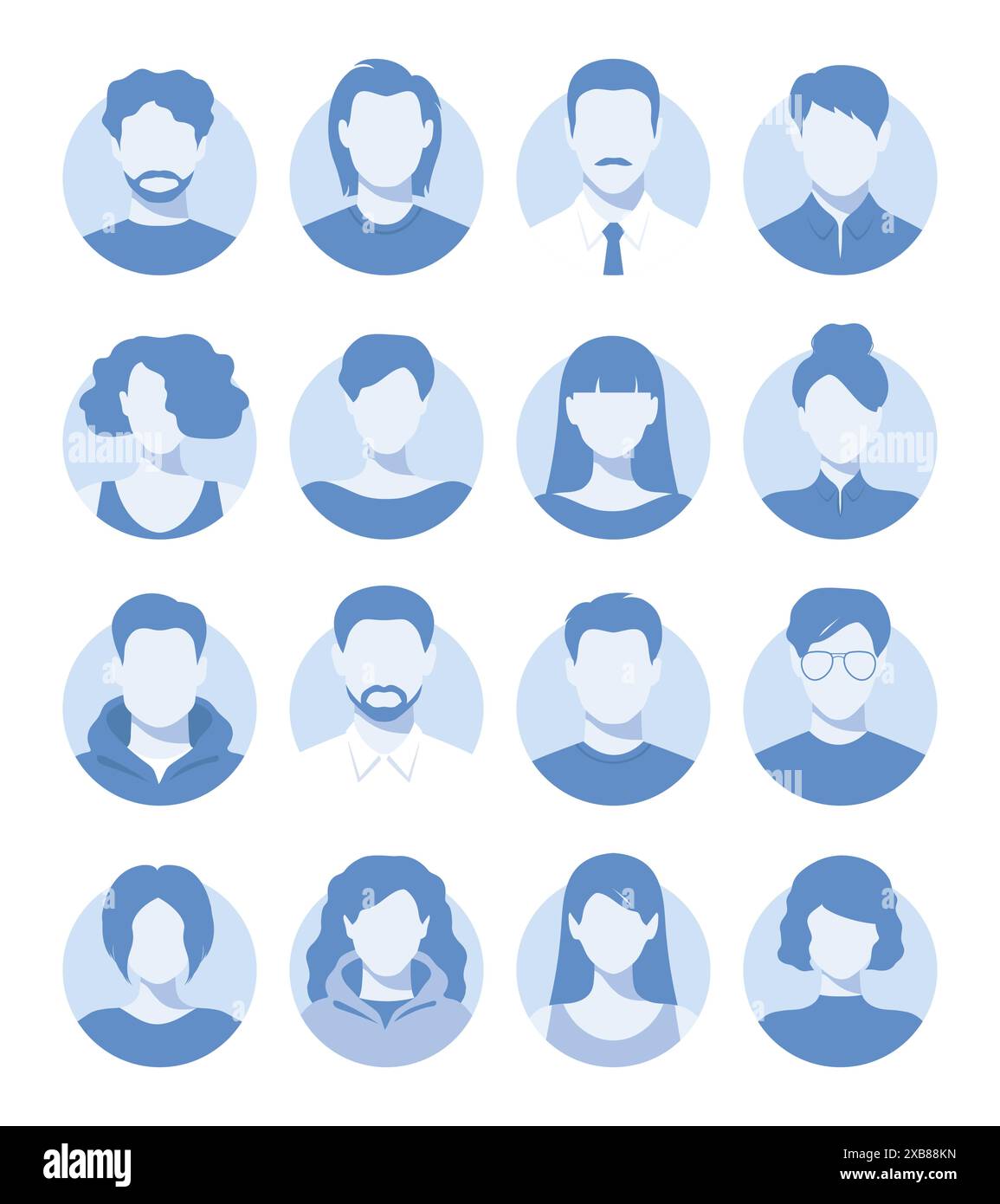 Portraits abstraits féminins et masculins sans visage, avatars ou profils anonymes. Ensemble d'icônes de visage abstrait de femme et d'homme dans des couleurs bleues. Illustration vectorielle Illustration de Vecteur