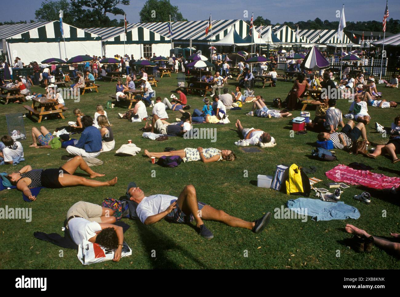 Championnats de tennis de Wimbledon au All England Lawn Tennis and Croquet Club. Foules de supports épuisés et bains de soleil. Oubliez le tennis. Wimbledon, Londres, Angleterre juin 1993 1990 Royaume-Uni HOMER SYKES Banque D'Images