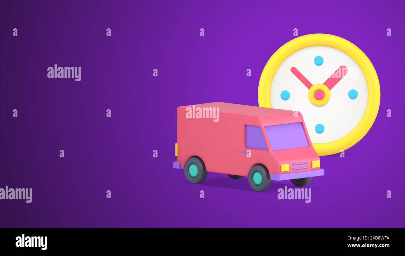 Transport par camion de camion de fret de service de messagerie express avec le compte à rebours de montre murale illustration vectorielle réaliste d'icône 3D. Distrib logistique rapide Illustration de Vecteur