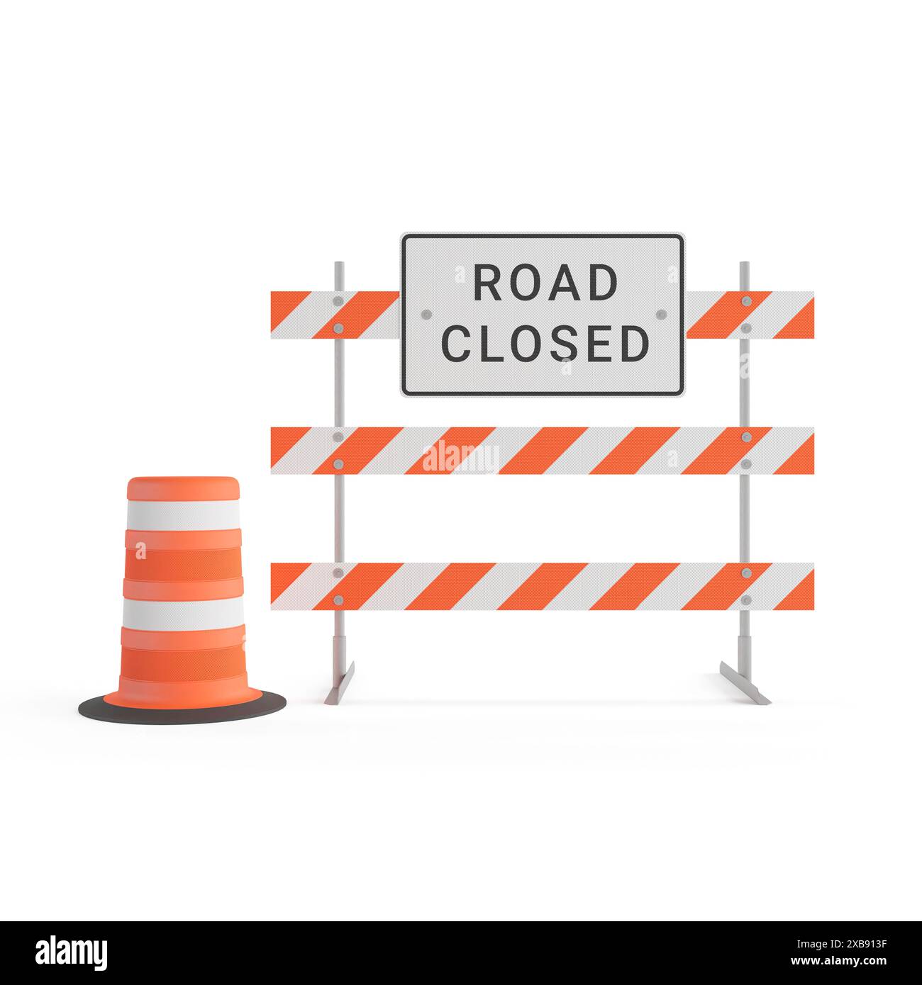 Un panneau de route fermé avec des cônes de circulation orange sur fond blanc Banque D'Images