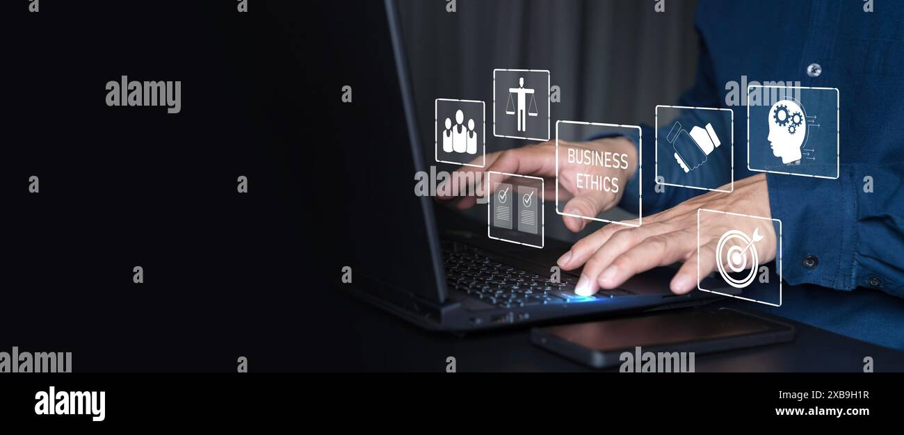 Concept d'éthique commerciale. Investissement éthique, développement sustianable. Intégrité et morale de l'entreprise. Homme d'affaires touchant sur l'ÉTHIQUE DE LA BUSSINESS formulation o Banque D'Images