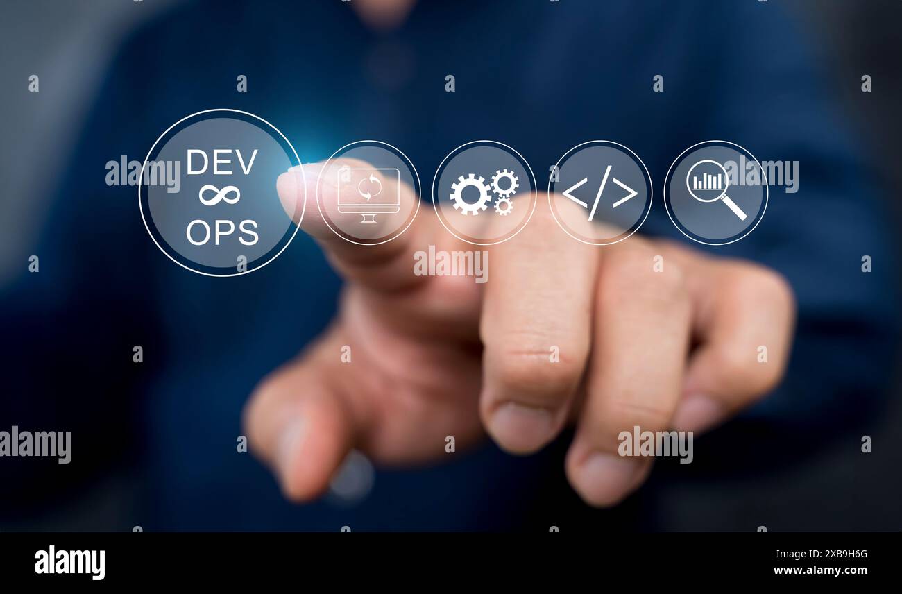 Développement logiciel DevOps et opérations INFORMATIQUES, ingénieur logiciel, chef de projet travaillant en méthodologie agile, icône dev Ops et javascript. Developme Banque D'Images
