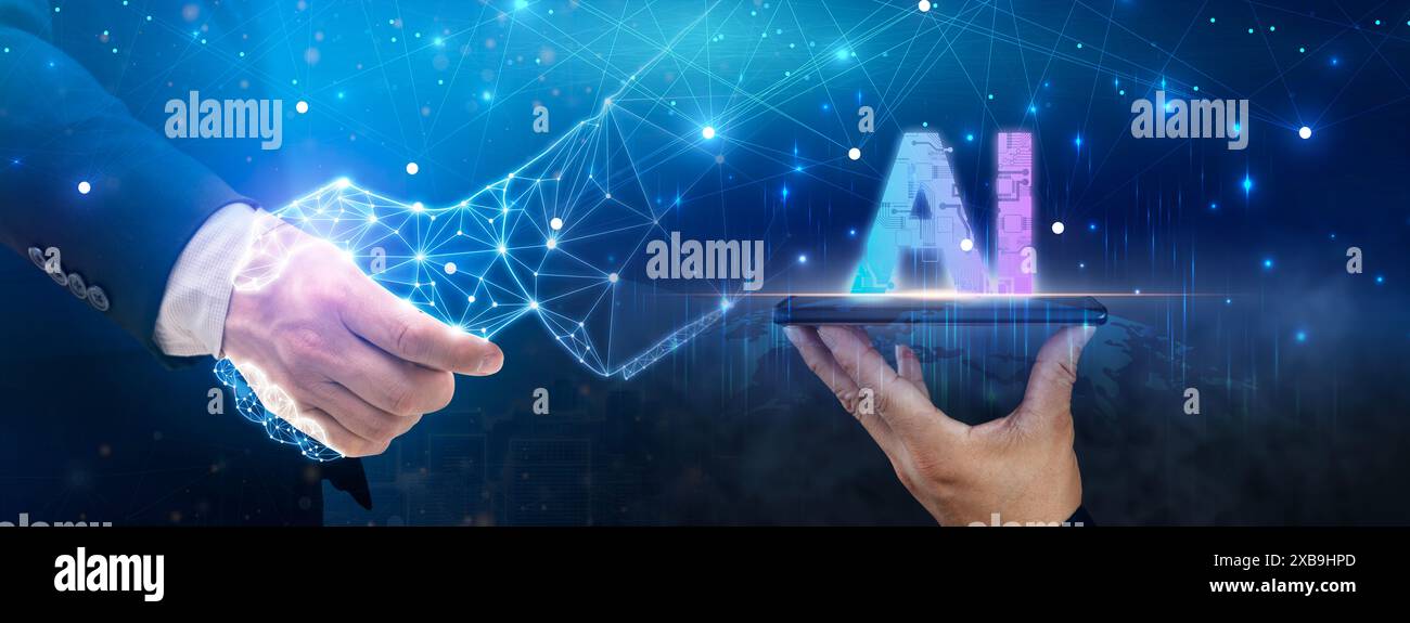 Homme utilisant des outils ai. technologie smart robot science et technologie d'intelligence artificielle, et innovation futuriste et connexion globale pour providi Banque D'Images