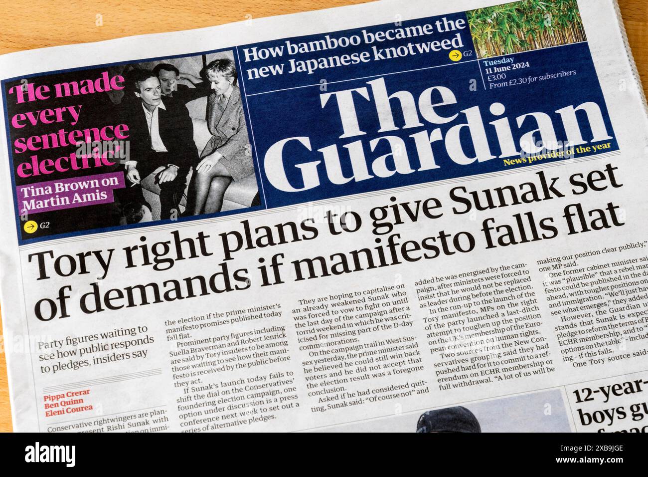 11 juin 2024. Le titre du Guardian lit que la droite conservatrice prévoit de donner à Sunak un ensemble d'exigences si le manifeste tombe à plat. Banque D'Images