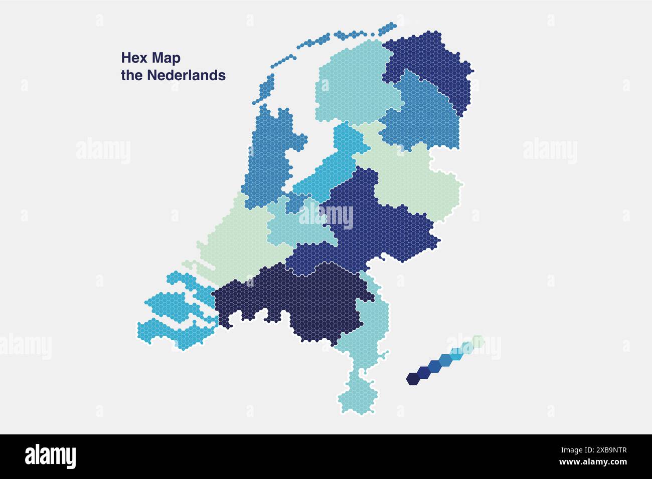 Carte des pays-Bas avec les 12 provinces en 7 couleurs bleues sur un fond gris dans une mosaïque de tuiles hexagonales. Banque D'Images