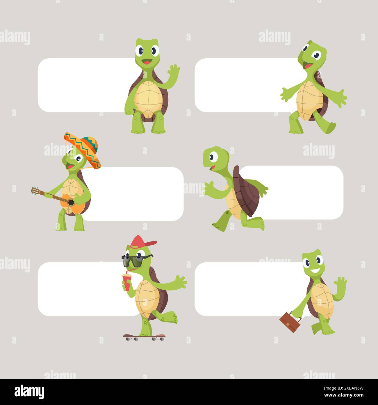 Turtle Character bannières vides avec la mascotte de dessin animé tortue debout dans des poses d'action Illustration de Vecteur