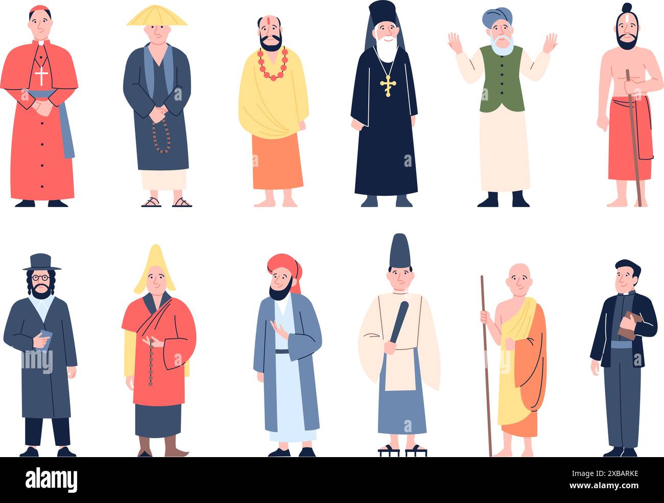 Personnages religieux. Les hommes dans la prêtrise, les dirigeants de différentes églises et les moines. judaïsme musulman chrétien et bouddhisme masculin, ensemble vectoriel récent religieux Illustration de Vecteur