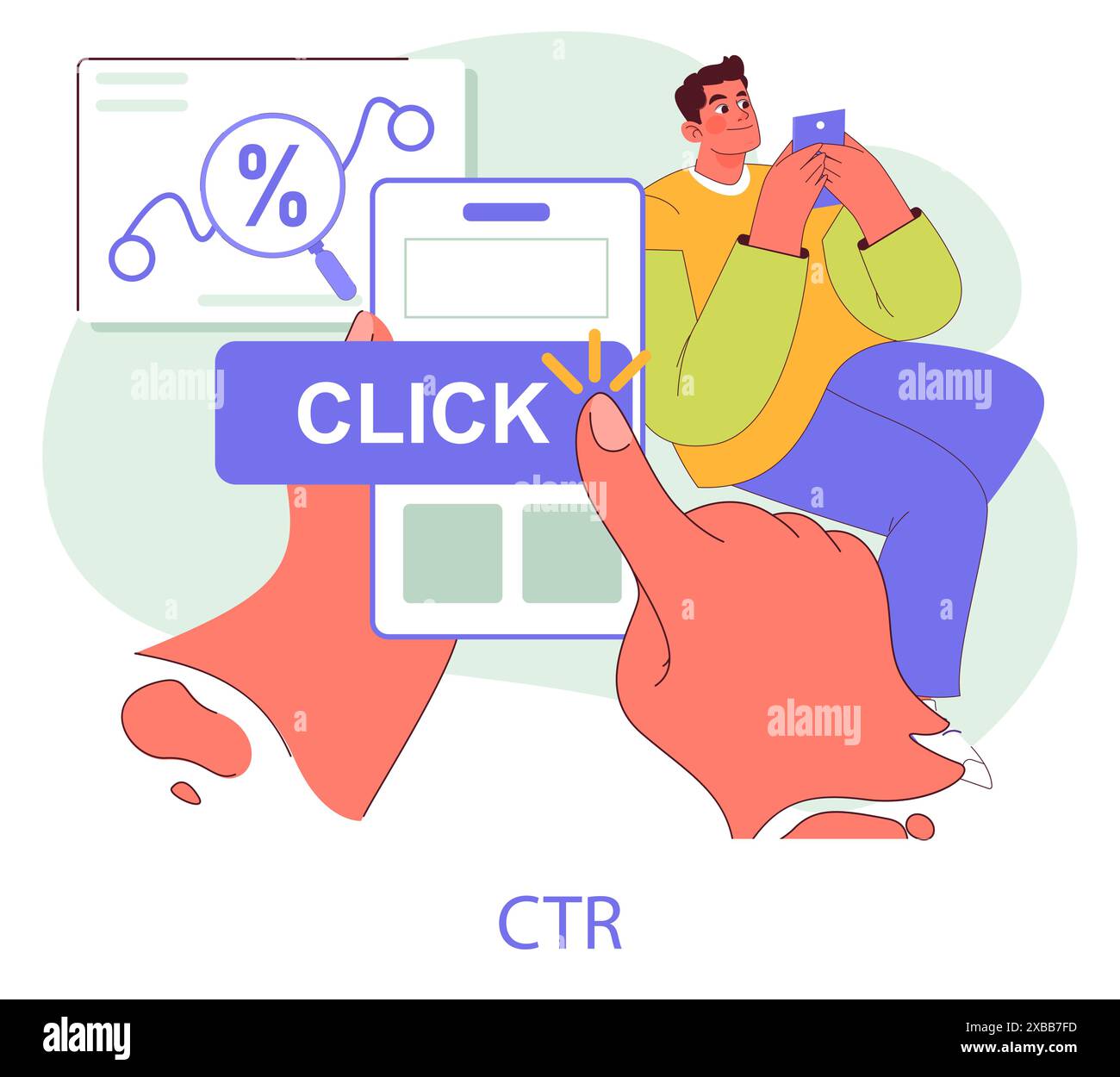 Concept de marketing mobile. Illustration attrayante de l'interaction de l'utilisateur avec des publicités en ligne pour un taux de clics plus élevé. Stratégie de publicité numérique. Illustration vectorielle. Illustration de Vecteur