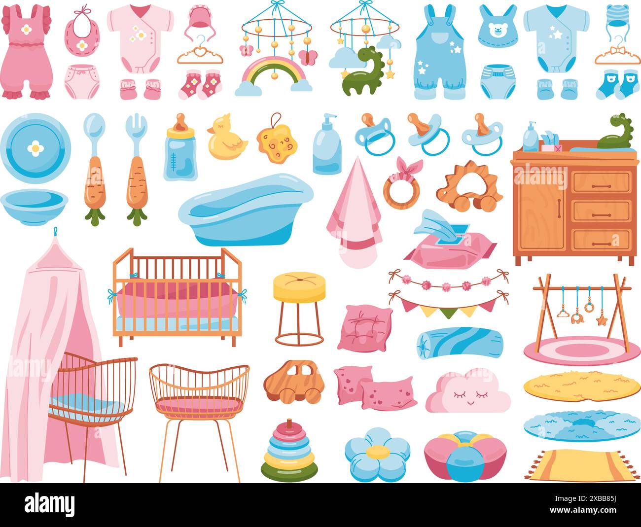 Accessoires pour nouveau-nés de dessins animés. Éléments de soins de bébé paquet de bébés emmaillotés, jouets pour enfants tout-petits jouets pour nourrissons bébé boho meubles de lit bébé chaussettes oreillers, illustration vectorielle pastel chic du nouveau-né de bande dessinée Illustration de Vecteur