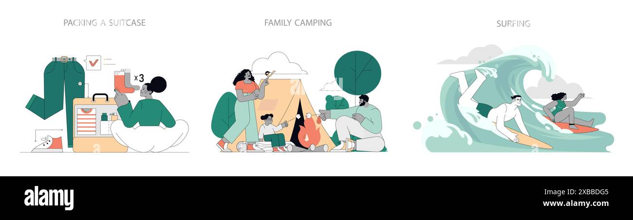 Ensemble d'activités estivales. Préparation et plaisir des aventures saisonnières en plein air. Emballer les essentiels, faire du camping en famille et faire du surf. Illustration vectorielle. Illustration de Vecteur