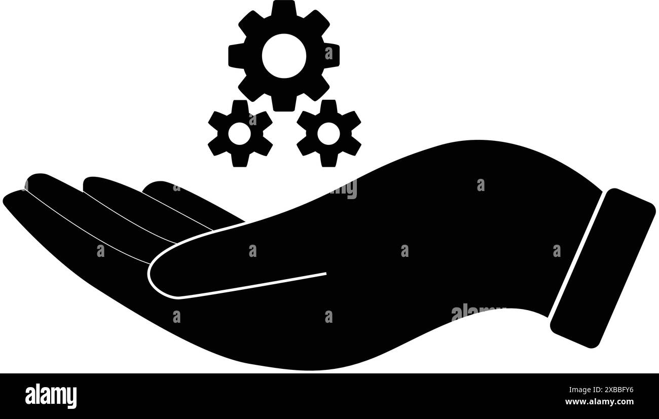 Main avec engrenage, signe d'entretien, entretien d'engrenage mécanique, signe de réglage et de support, main avec roues dentées, symbole d'assistance technique Illustration de Vecteur