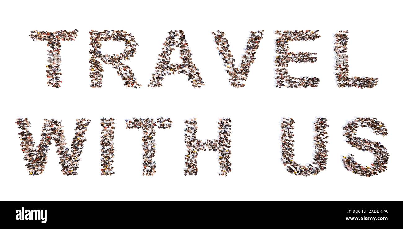 Concept conceptuel grande communauté de personnes formant MOT DE VOYAGE. 3d métaphore de l'illustration pour les vacances, voyage, aventure, plaisir, heureux, style de vie Banque D'Images