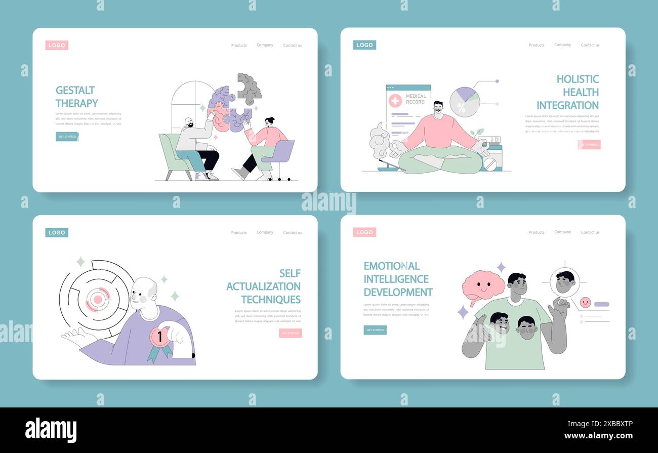 Ensemble de concepts de psychologie humaniste. Quatre illustrations illustrant des thérapies d'auto-croissance et des stratégies de bien-être pour la santé mentale. Illustration vectorielle. Illustration de Vecteur