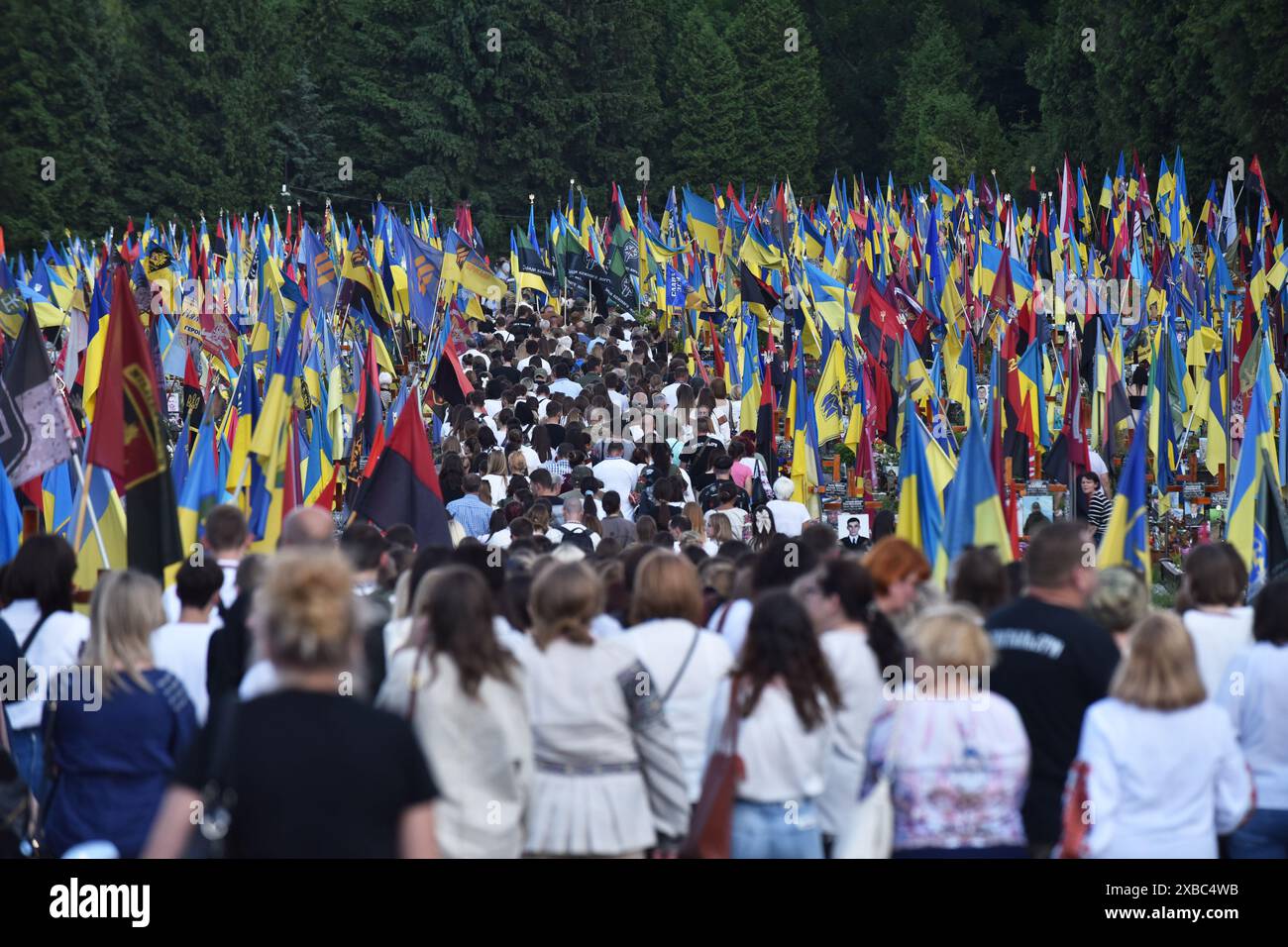 Les gens assistent à la cérémonie funéraire de combat Iryna Tsybukh au cimetière de Lychakiv. Iryna Tsybukh est née en juin 1998 à Lviv, Ukraine, elle était également une personnalité publique ukrainienne, journaliste, chef de département de la Direction de la radiodiffusion régionale de la Société nationale de télévision et de radio publique d'Ukraine, paramédicale du bataillon médical des «hospitaliers». Lors de l'invasion à grande échelle de la Russie en Ukraine, elle rejoint le bataillon médical volontaire 'Hospitaliers', où elle prend le poste de chef du 5e équipage. Le 29 mai 2024, elle est tuée lors d'une rotatio Banque D'Images