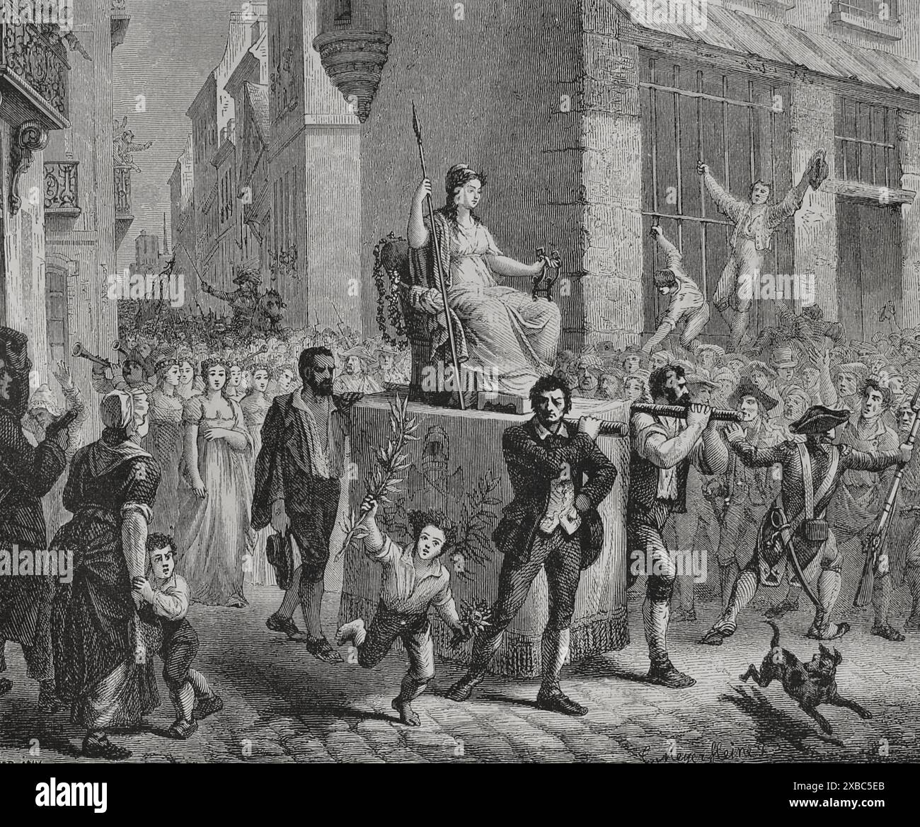 Révolution française. Festival de la raison. La célébration officielle dans toute la France, supervisée par Hébert et Momoro le 20 brumaire an II (10 novembre 1793), incarne la nouvelle voie républicaine de la religion. Les cérémonies ont été conçues et organisées par Chaumette. Toutes les églises de France ont été transformées en temples modernes de la raison. Procession de la raison de la déesse. Paris, 1793. Gravure de Meyer-Heine. "Histoire de la Révolution française". Volume I, 1876. Banque D'Images