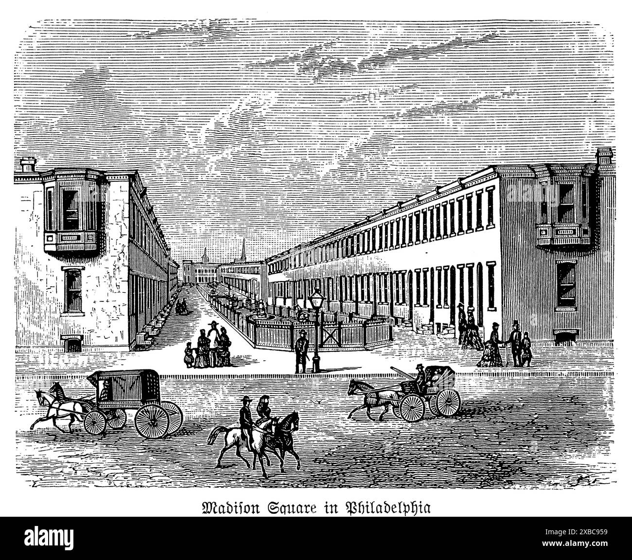 Cette magnifique gravure en noir et blanc du XIXe siècle met en valeur Madison Square à Philadelphie, capturant la grandeur architecturale et l'urbanisme de l'époque. L'œuvre illustre la place animée avec ses bâtiments élégants, ses façades complexes et la vie vibrante de la ville. L'artisanat détaillé met en évidence les influences néoclassiques et victoriennes prédominantes dans l'architecture, offrant un aperçu de l'essence historique et culturelle de Philadelphie au XIXe siècle. Banque D'Images