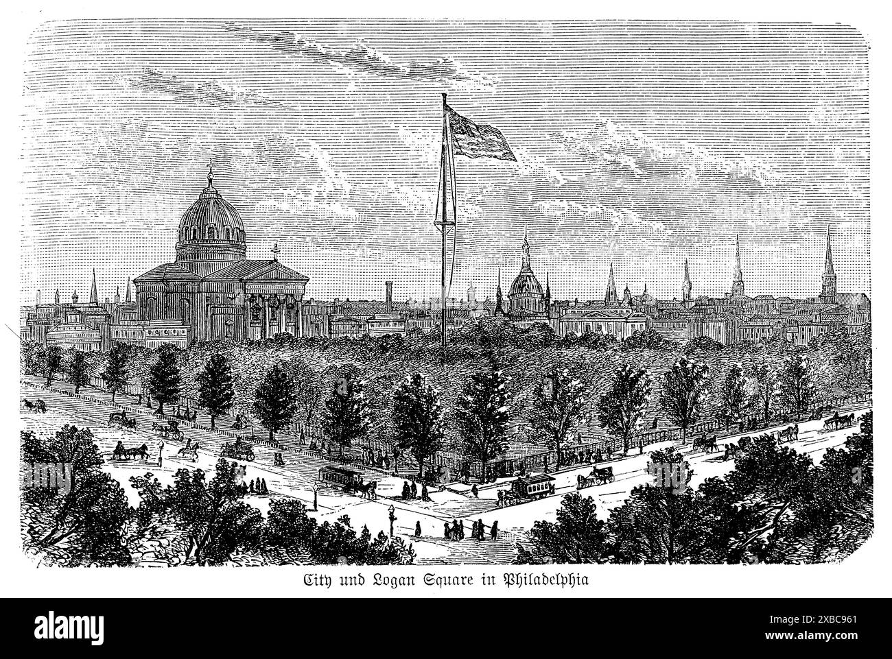 Cette superbe gravure en noir et blanc du XIXe siècle capture l'essence de Logan Square à Philadelphie, mettant en vedette la majestueuse cathédrale de Pierre et Paul. L'œuvre d'art dépeint de manière éclatante la verdure luxuriante de la place, les allées élégantes et la façade grandiose de la cathédrale, un excellent exemple de l'architecture romano-corinthienne. Les détails complexes de la gravure soulignent la splendeur architecturale et l'importance culturelle de la cathédrale et de la place environnante, reflétant le riche patrimoine historique et urbain de Philadelphie au XIXe siècle. Banque D'Images