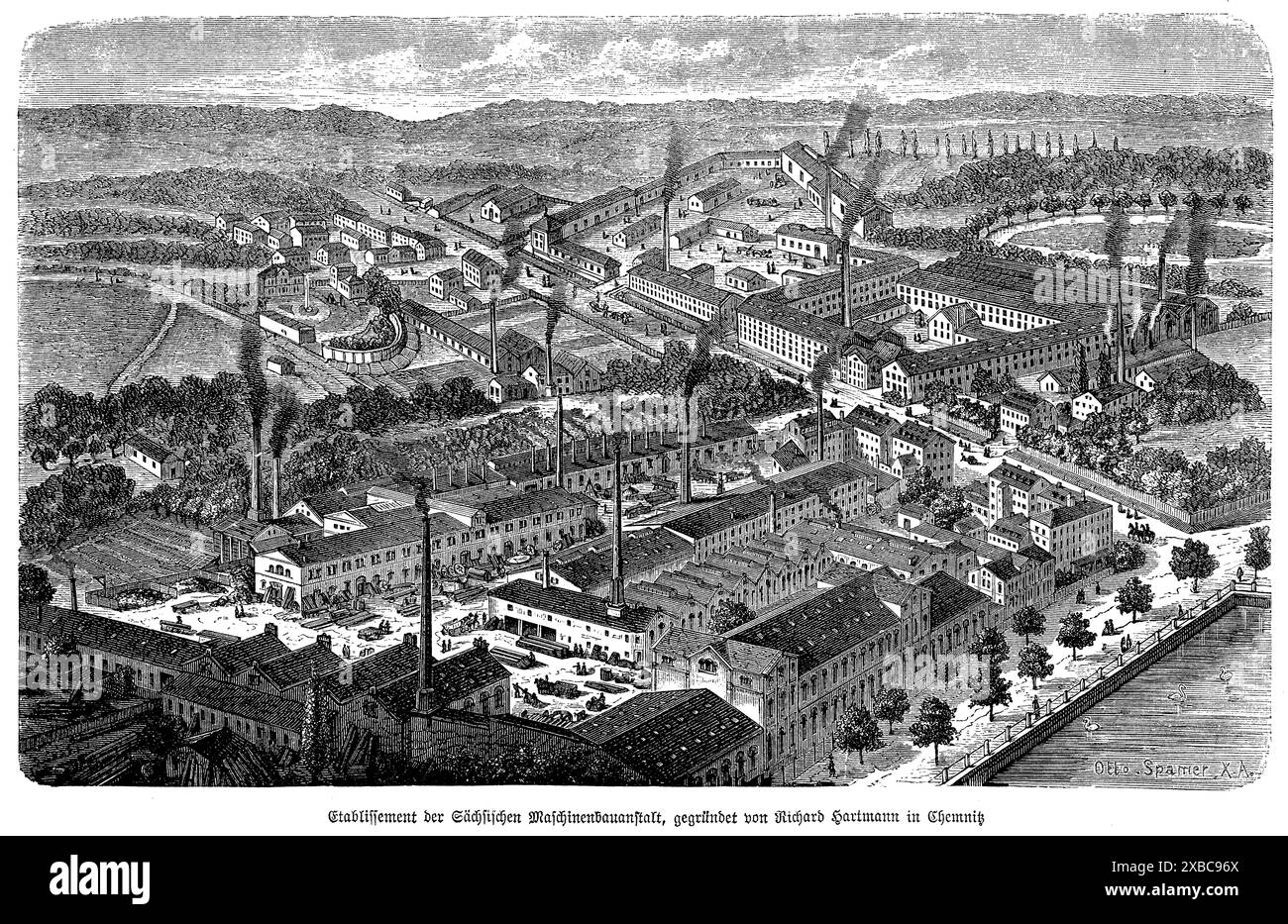 Cette impressionnante gravure en noir et blanc du XIXe siècle offre une vue panoramique sur le Sächsische Maschinenfabrik de Chemnitz, fondé par Richard Hartmann. L'œuvre d'art capture la vaste étendue du complexe de l'usine, mettant en valeur l'architecture complexe des bâtiments industriels et l'activité animée à l'intérieur. La représentation détaillée comprend de nombreux ateliers, machines et ouvriers, reflétant les prouesses industrielles et l'esprit innovant de l'époque. Cette gravure offre un aperçu remarquable du paysage industriel de Chemnitz et des contributions significatives de Richard Har Banque D'Images