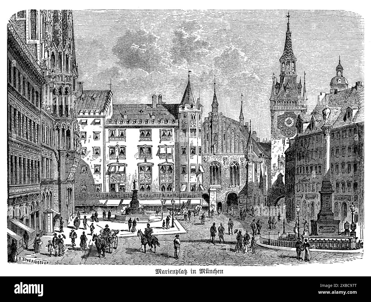 Cette charmante gravure en noir et blanc du XIXe siècle capture l'historique Marienplatz de Munich, le cœur animé de la ville. L'œuvre met en valeur l'emblématique nouvel hôtel de ville avec sa façade néo-gothique élaborée et les flèches imposantes qui dominent la place. La scène est animée avec des échoppes de ville et de marché, reflétant l'atmosphère vibrante de la vie quotidienne. Les détails complexes de la gravure soulignent la beauté architecturale et l'importance historique de Marienplatz, offrant un instantané vivant du riche patrimoine culturel et urbain de Munich au XIXe siècle Banque D'Images