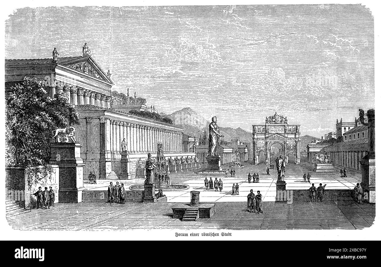 Forum de la ville romaine, une gravure noire et blanche évocatrice capture la grandeur d'un forum de la ville romaine antique, animée par la vie tandis que les Romains antiques marchent et conversent sur la magnifique place. La scène est remplie de temples et monuments impressionnants, mettant en valeur la splendeur architecturale et la richesse culturelle de la civilisation romaine. L'artisanat détaillé met en valeur les colonnes majestueuses, les sculptures complexes et l'atmosphère vibrante de la vie quotidienne. Cette œuvre offre un aperçu vivant et immersif du cœur de la vie publique romaine, où la politique, le commerce et les interactions sociales fleurissent Banque D'Images