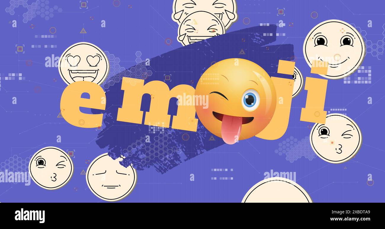 Image de texte emoji avec des icônes sur le traitement des données sur fond bleu Banque D'Images