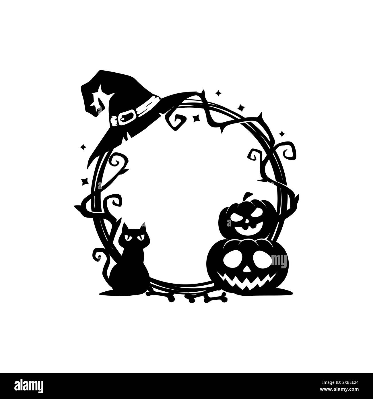 Cadre noir effrayant de célébration d'Halloween. Cadre effrayant de magie noire ou de sorcellerie, bordure ou fond de vecteur de vacances d'Halloween effrayante ou d'horreur avec chapeau de sorcière ou de sorcière, chat noir et lanterne à la citrouille Illustration de Vecteur