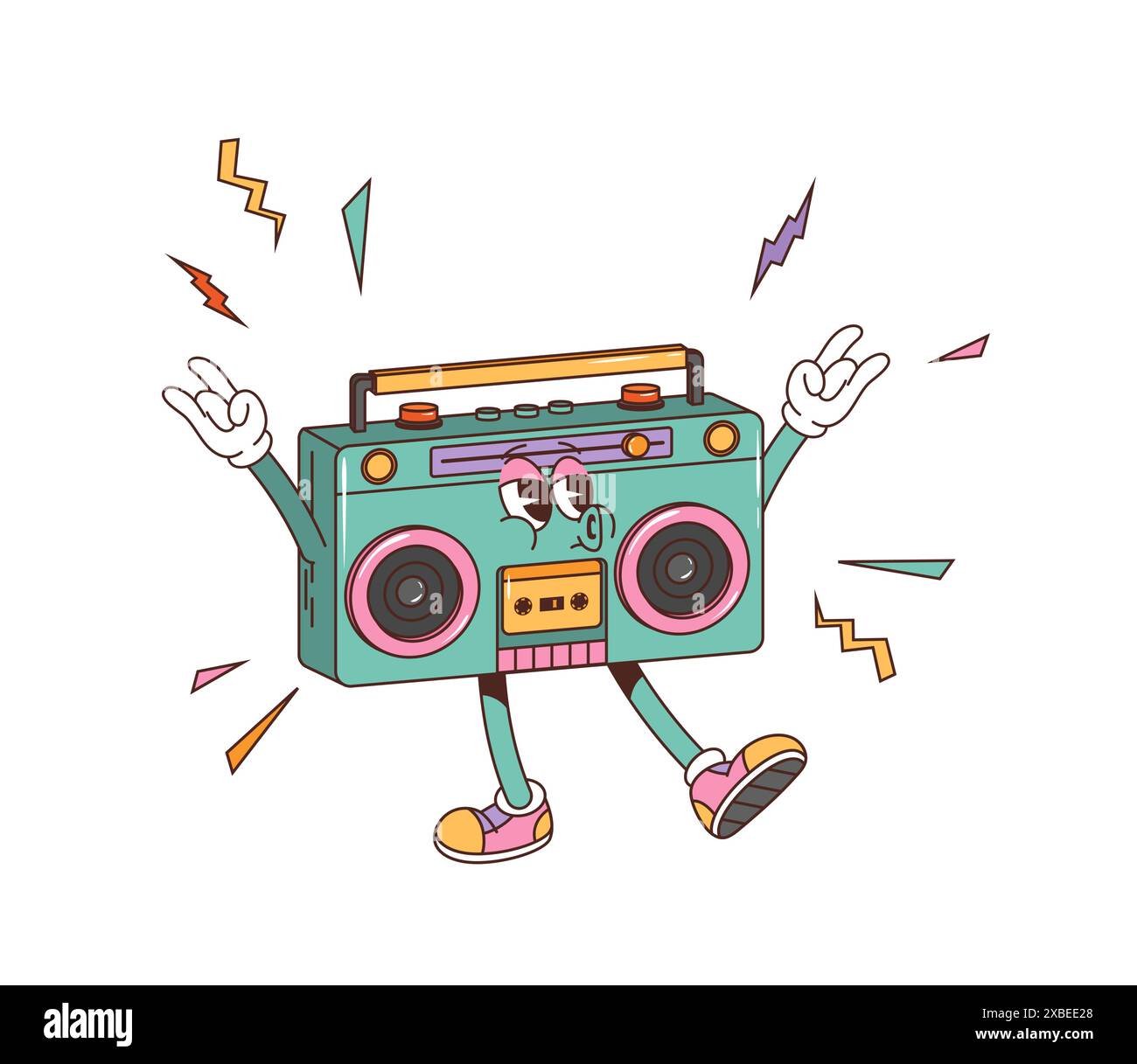 Personnage rétro groovy magnétophone. Personnage boombox vintage de vecteur de bande dessinée isolé dans des baskets et des gants, sourit et lève les deux bras dans des signes de pierre, rebondissant au rythme des airs old-School Illustration de Vecteur
